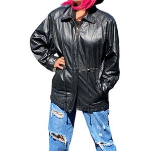 Black genuine leather coat jacket with drawstring waist size large